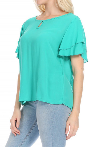 Women's Casual Flowy Short Flutter Sleeve Round Neck Key Hole Blouse Top