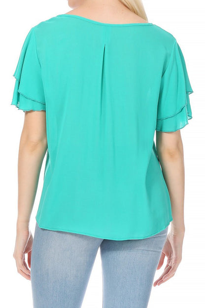 Women's Casual Flowy Short Flutter Sleeve Round Neck Key Hole Blouse Top