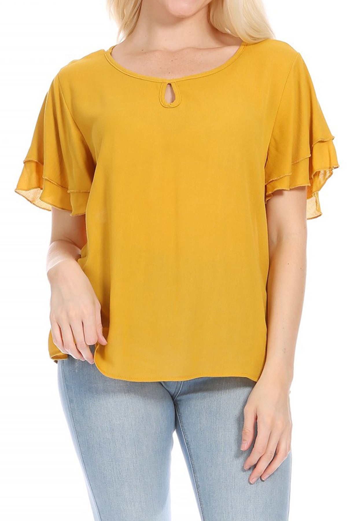 Women's Casual Flowy Short Flutter Sleeve Round Neck Key Hole Blouse Top