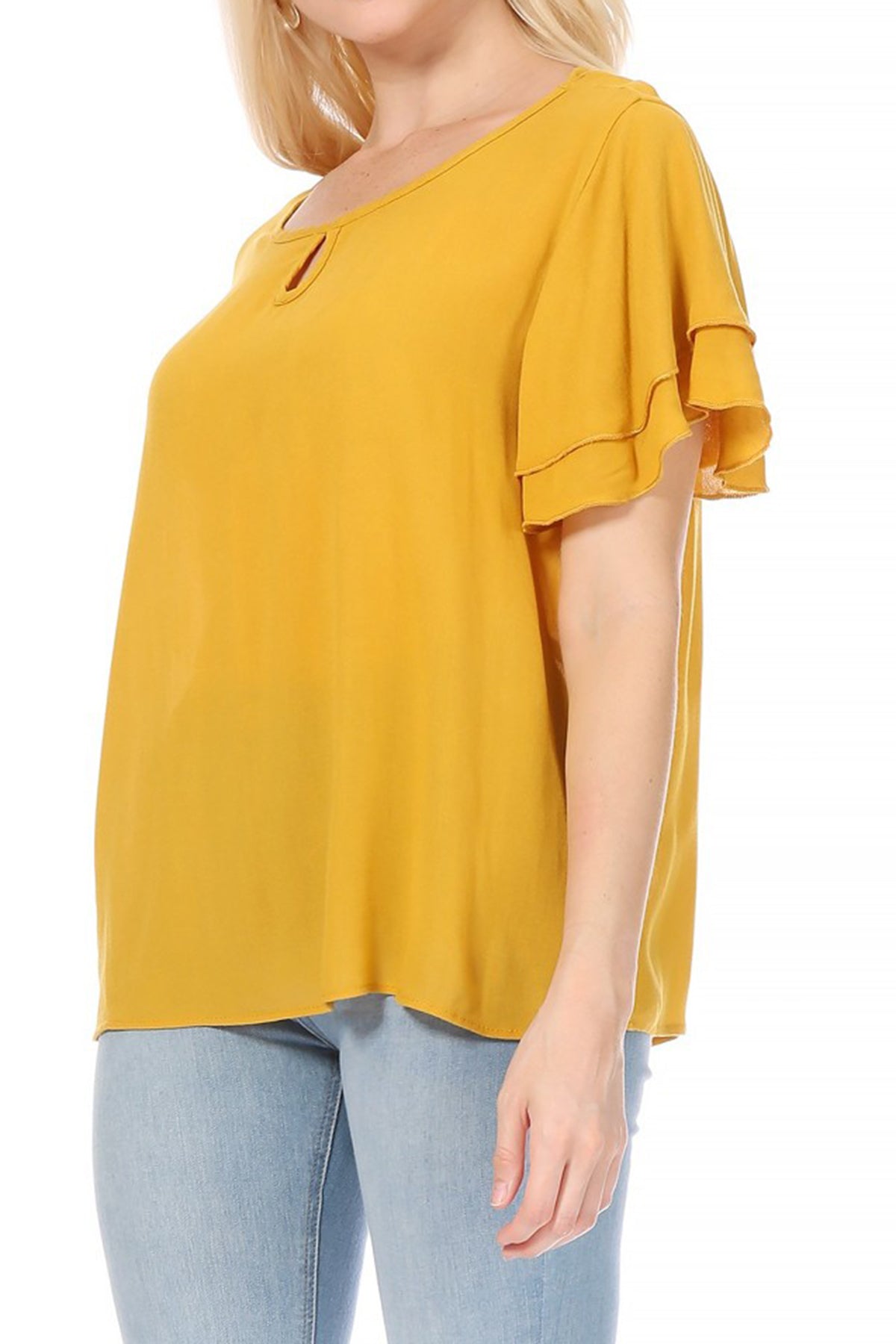 Women's Casual Flowy Short Flutter Sleeve Round Neck Key Hole Blouse Top