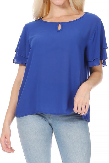 Women's Casual Flowy Short Flutter Sleeve Round Neck Key Hole Blouse Top