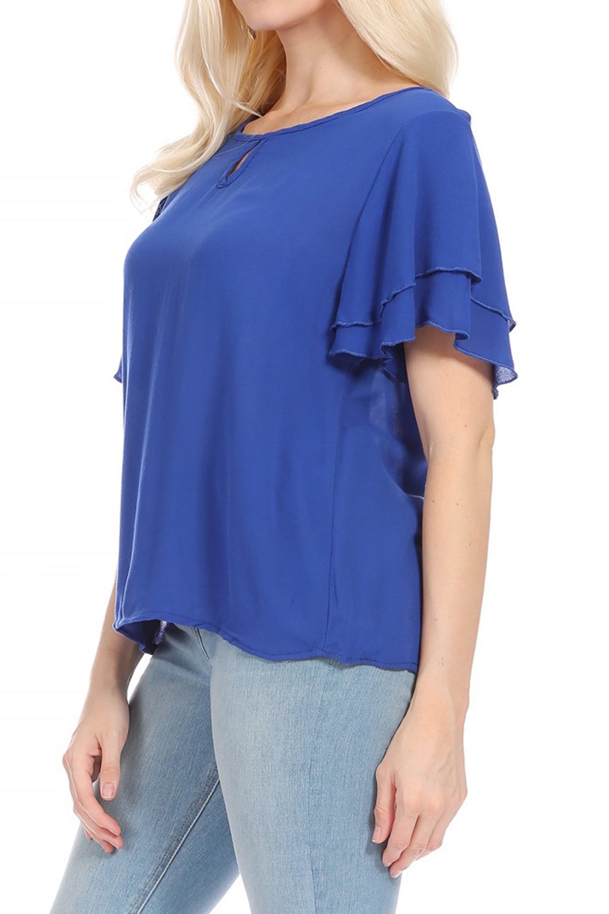 Women's Casual Flowy Short Flutter Sleeve Round Neck Key Hole Blouse Top