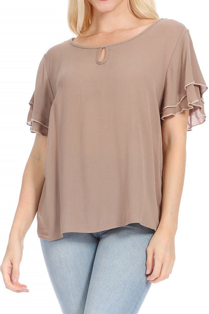 Women's Casual Flowy Short Flutter Sleeve Round Neck Key Hole Blouse Top