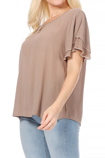 Women's Casual Flowy Short Flutter Sleeve Round Neck Key Hole Blouse Top