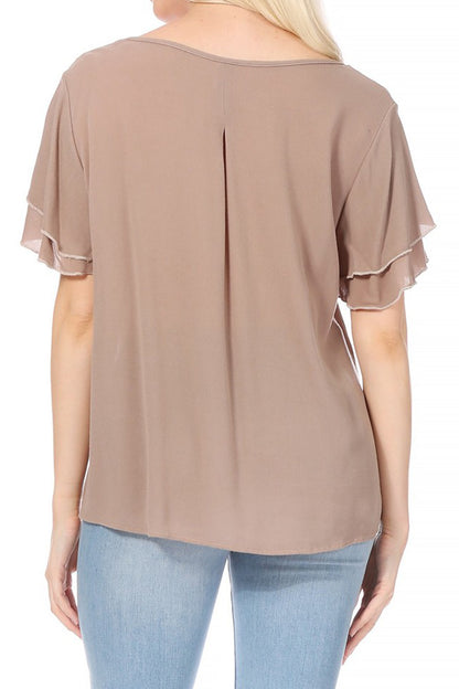 Women's Casual Flowy Short Flutter Sleeve Round Neck Key Hole Blouse Top