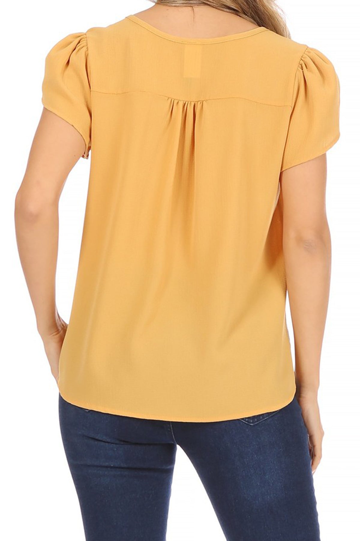 Women's Casual Solid Petal Sleeve Ribbon Tie Round Neck Key Hole Blouse Top