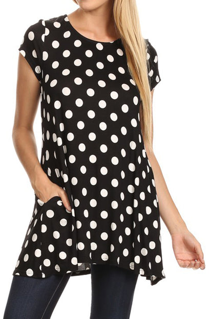 Women's Casual Polka Dot Short Sleeve Round Neck Tunic Tops with Side Pockets