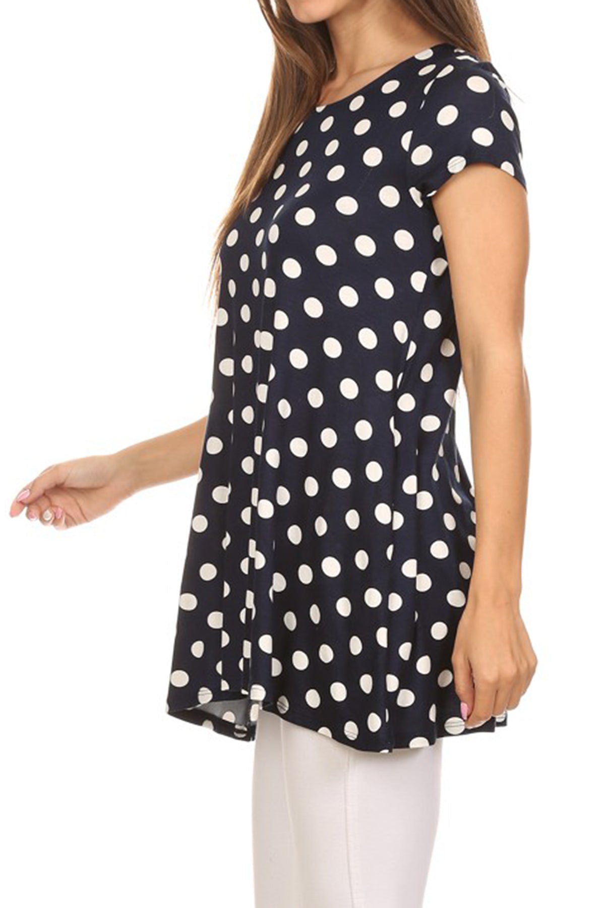 Women's Casual Polka Dot Short Sleeve Round Neck Tunic Tops with Side Pockets