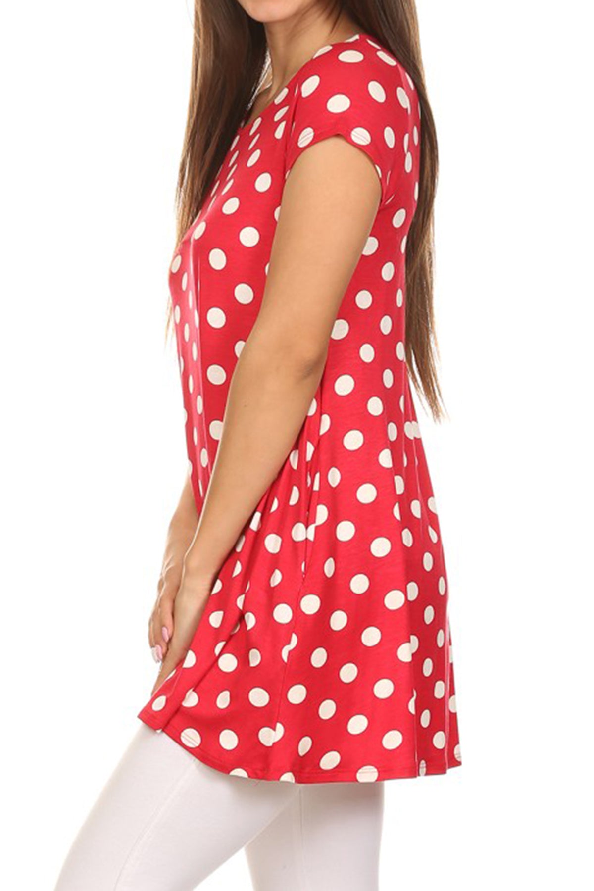 Women's Casual Polka Dot Short Sleeve Round Neck Tunic Tops with Side Pockets