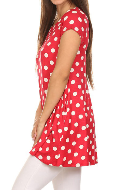 Women's Casual Polka Dot Short Sleeve Round Neck Tunic Tops with Side Pockets