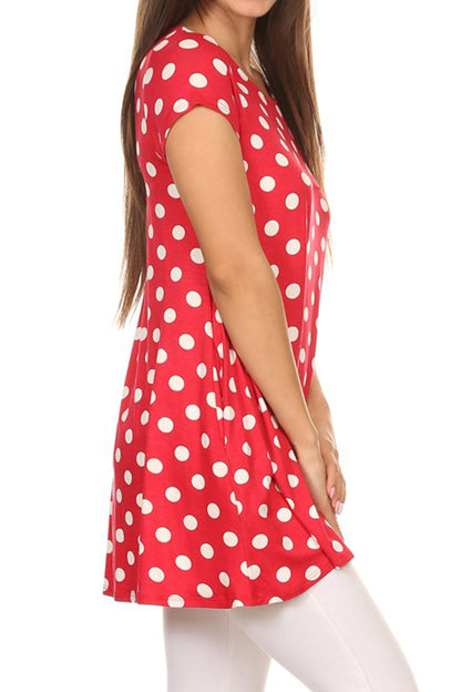 Women's Casual Polka Dot Short Sleeve Round Neck Tunic Tops with Side Pockets