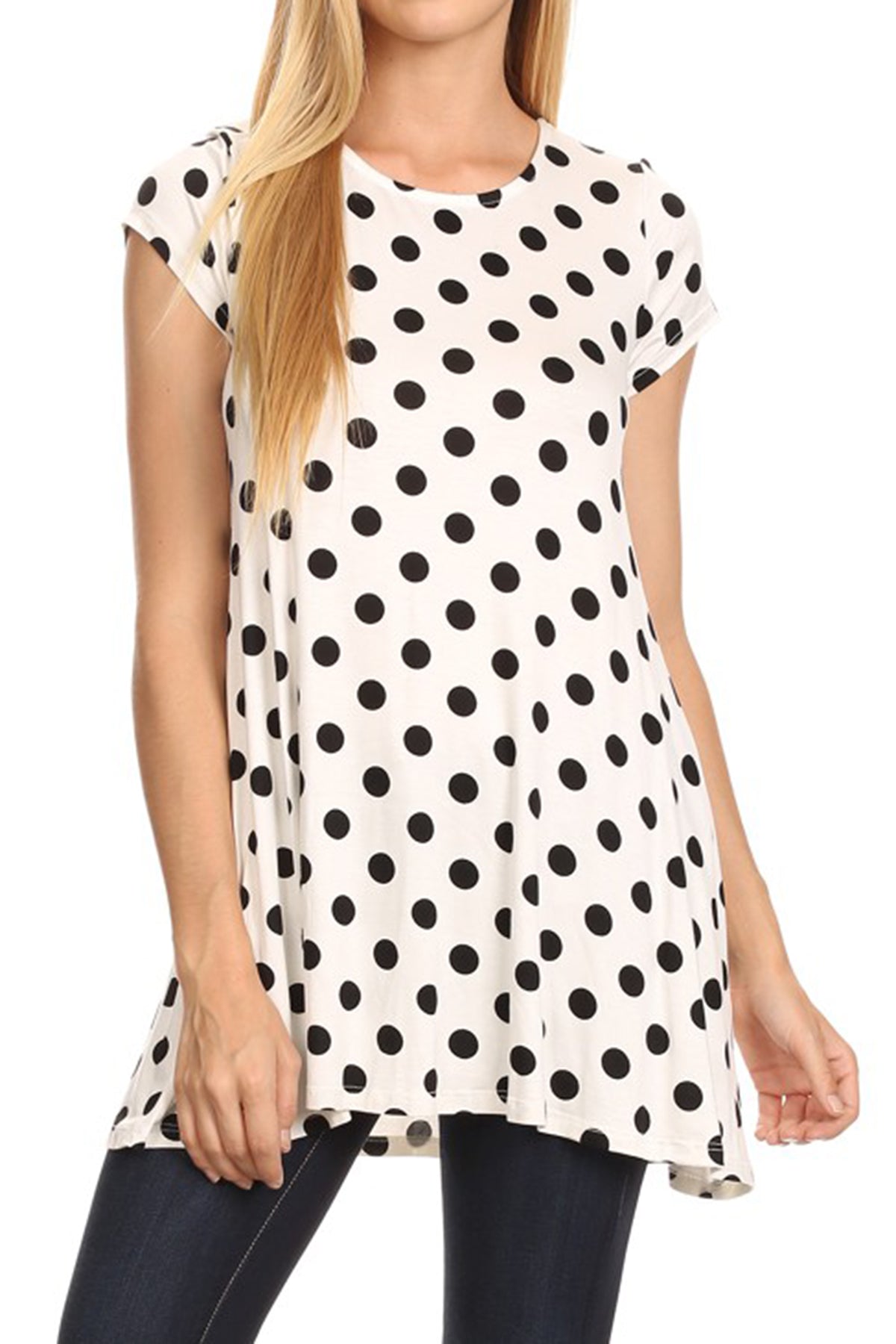 Women's Casual Polka Dot Short Sleeve Round Neck Tunic Tops with Side Pockets