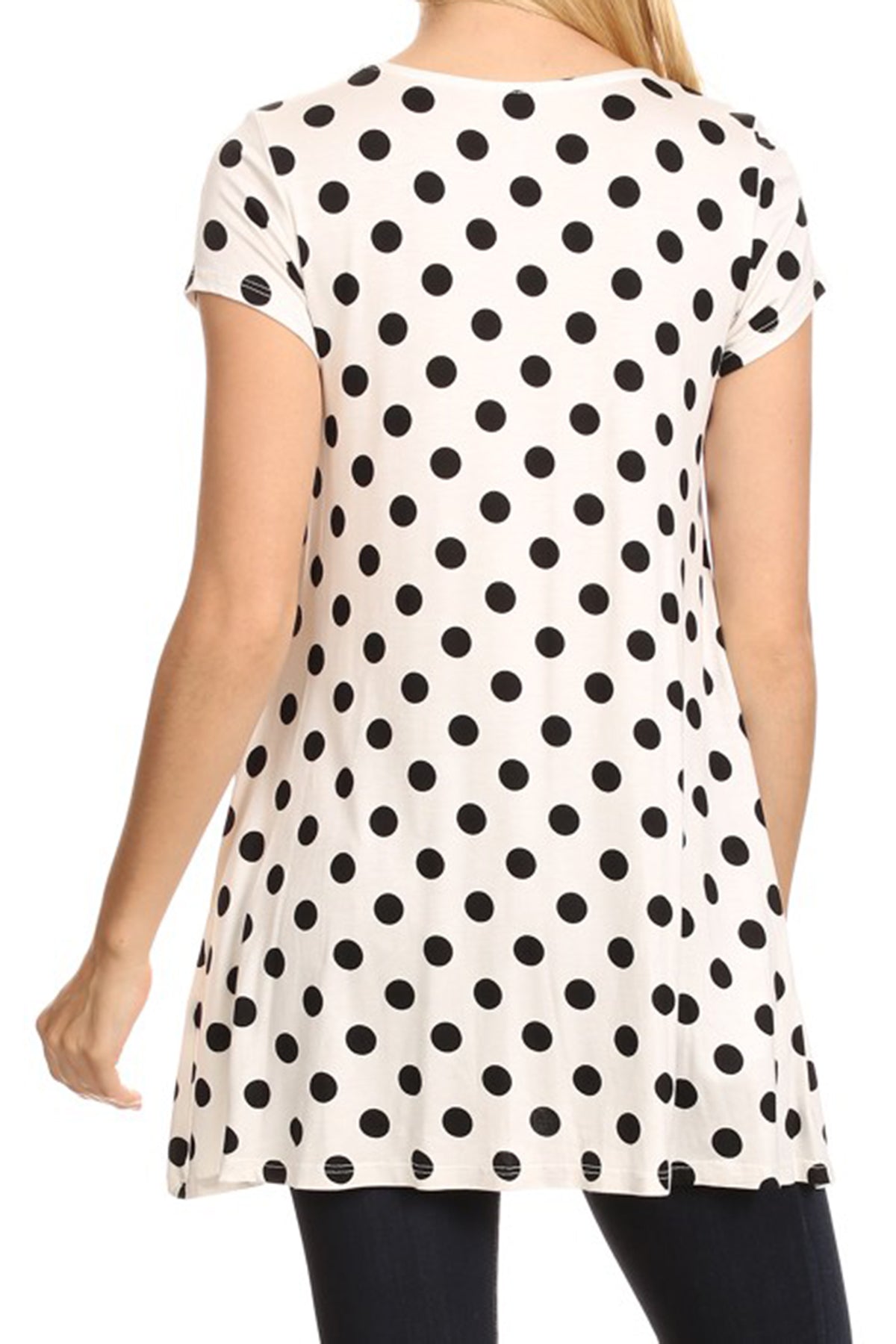 Women's Casual Polka Dot Short Sleeve Round Neck Tunic Tops with Side Pockets