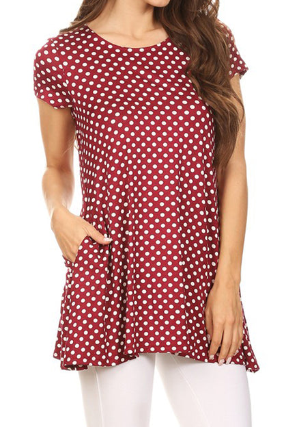 Women's Casual Polka Dot Short Sleeve Round Neck Tunic Tops with Side Pockets