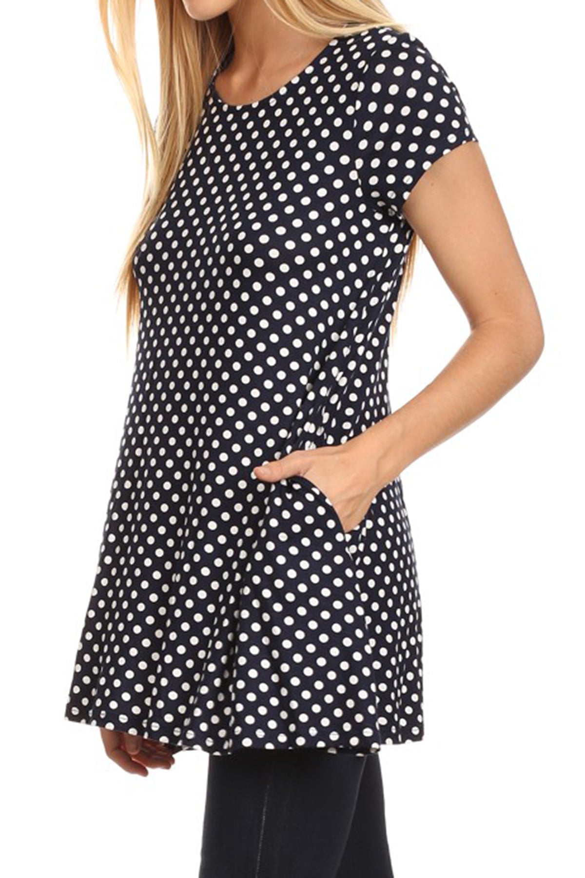 Women's Casual Polka Dot Short Sleeve Round Neck Tunic Tops with Side Pockets