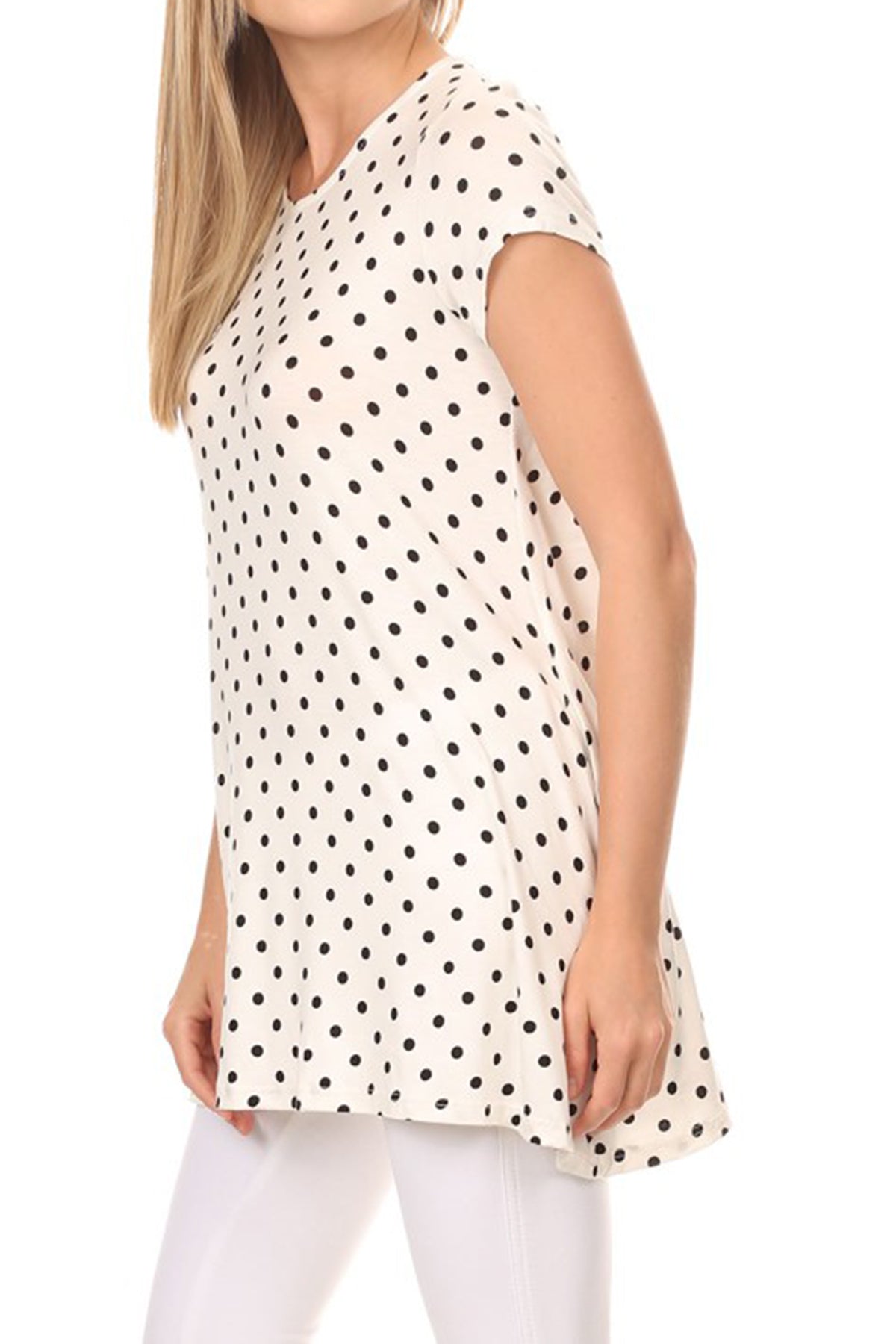 Women's Casual Polka Dot Short Sleeve Round Neck Tunic Tops with Side Pockets