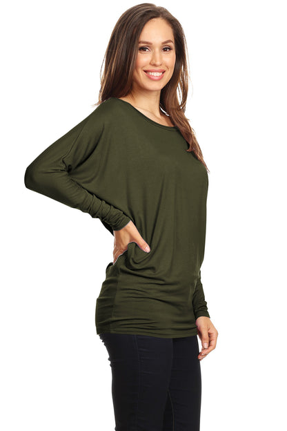 Women's Solid Jersey Knit Dolman Sleeve Tunic Top