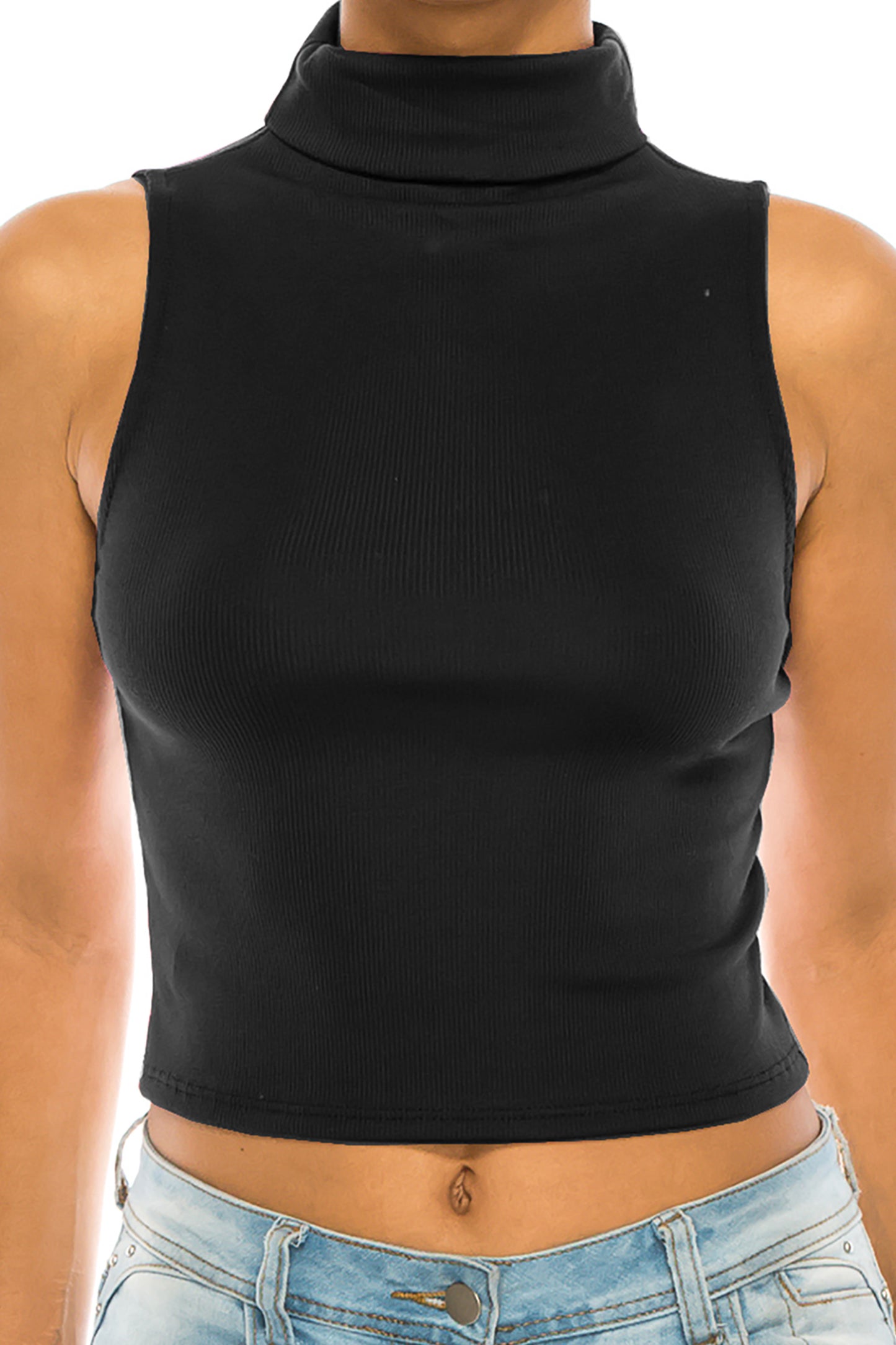 Women's Ribbed Sleeveless High Turtleneck Fitted Knit Crop Tank Top - MOA Collection