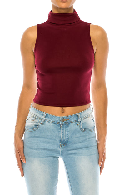 Women's Ribbed Sleeveless High Turtleneck Fitted Knit Crop Tank Top - MOA Collection