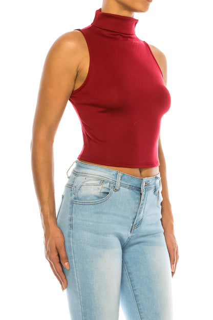 Women's Ribbed Sleeveless High Turtleneck Fitted Knit Crop Tank Top