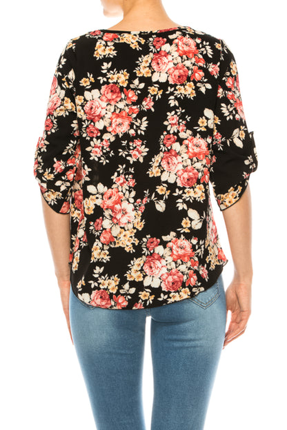 Women's Floral Print Round Neck Roll Tab Sleeve Blouse Top
