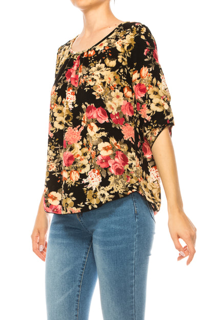 Women's Floral Print Round Neck Roll Tab Sleeve Blouse Top