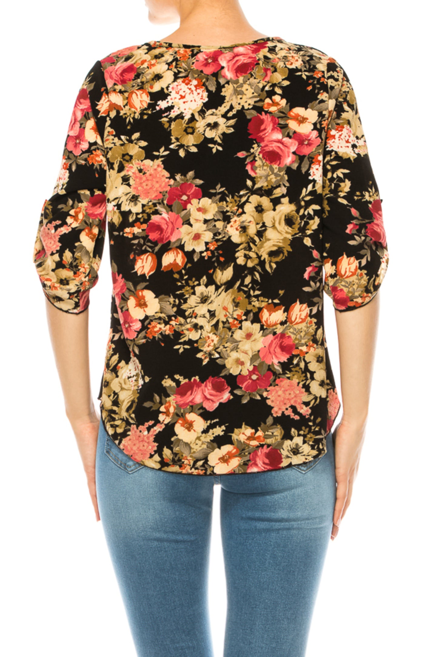 Women's Floral Print Round Neck Roll Tab Sleeve Blouse Top