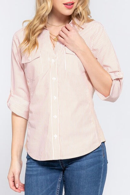 Women's Long sleeve with tab side rib panel y/d stripe Shirts