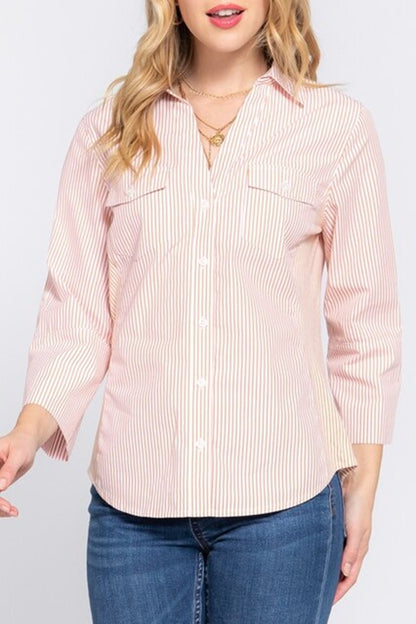 Women's Long sleeve with tab side rib panel y/d stripe Shirts