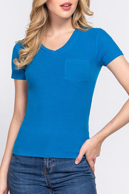 Women's Casual Short Sleeve Solid V-Neck W/Pocket Rib Top