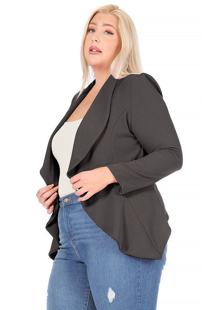 Women's Plus Size Solid Long Sleeve Waist Length Open Front Office Blazer Jacket