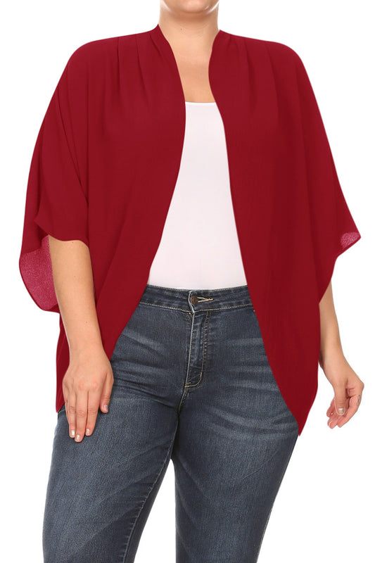 Women's Plus Size Loose Fit 3/4 Sleeves Kimono Style Open Front Solid Cardigan S-3XL