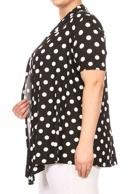 Women's Plus Size Short Sleeves Draped Neck Polka Dot Print Cardigan