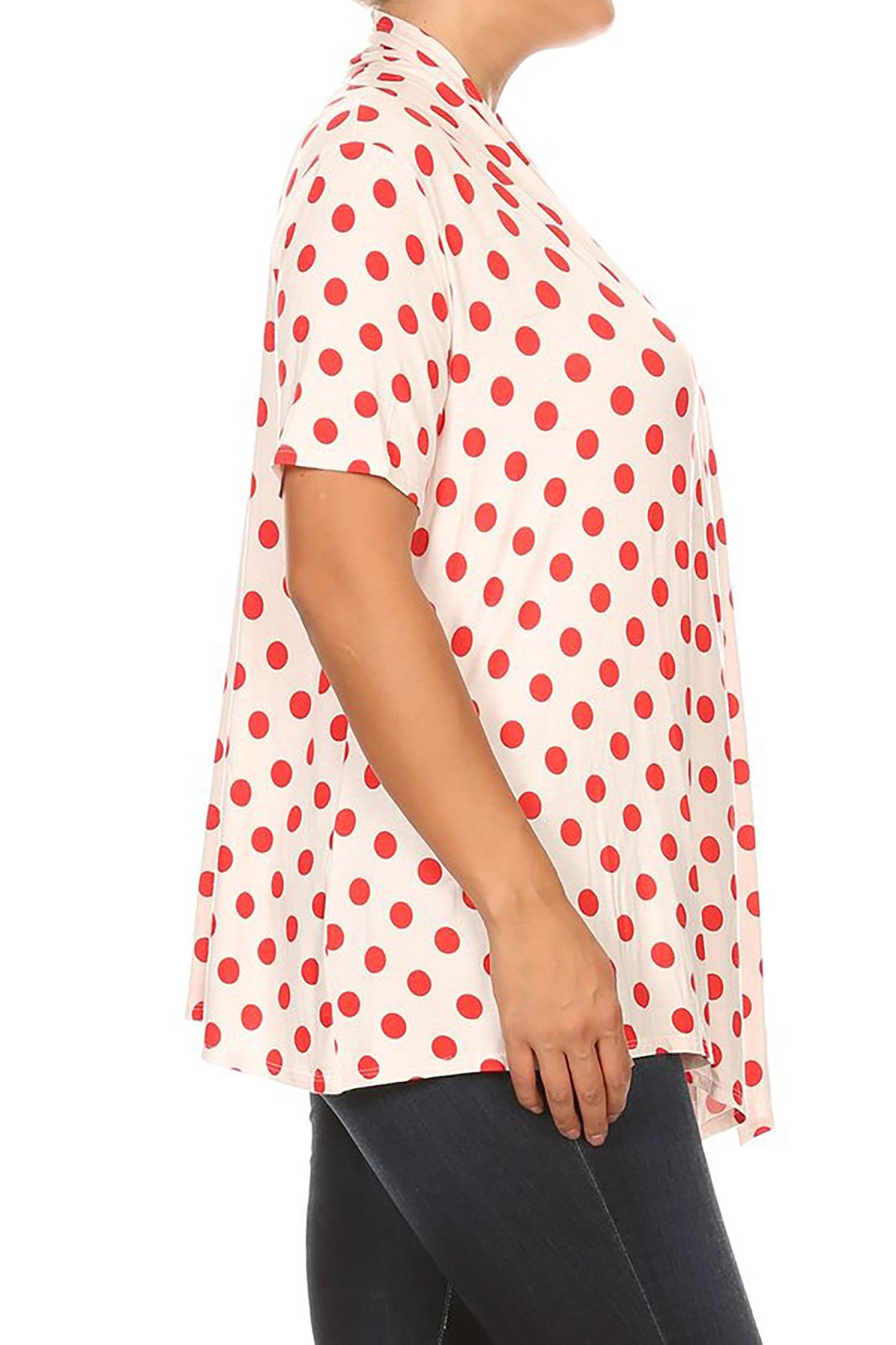 Women's Plus Size Short Sleeves Draped Neck Polka Dot Print Cardigan
