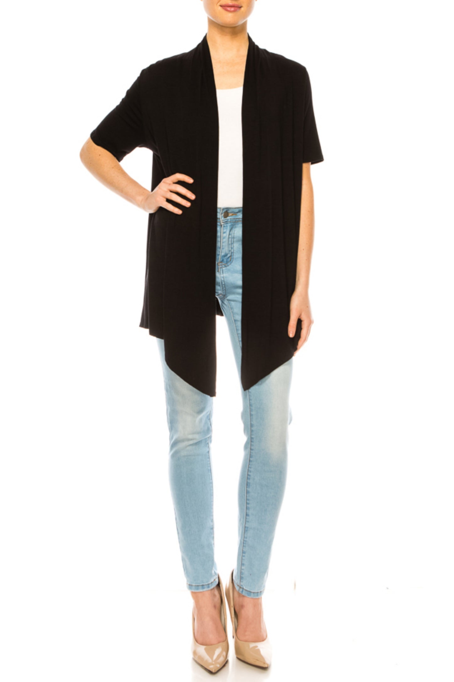 Women's Short Sleeve Asymmetrical Hem Solid Cardigan