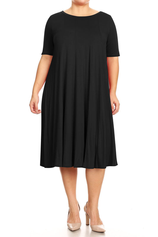 Women's Plus Size Short Sleeves A-Line Round Neck Casual Solid Midi Dress