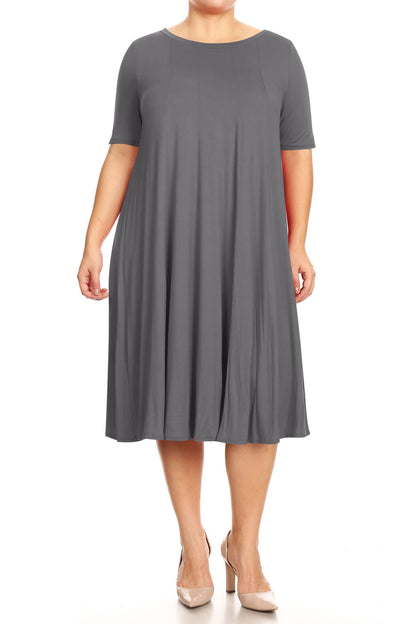 Women's Plus Size Short Sleeves A-Line Round Neck Casual Solid Midi Dress