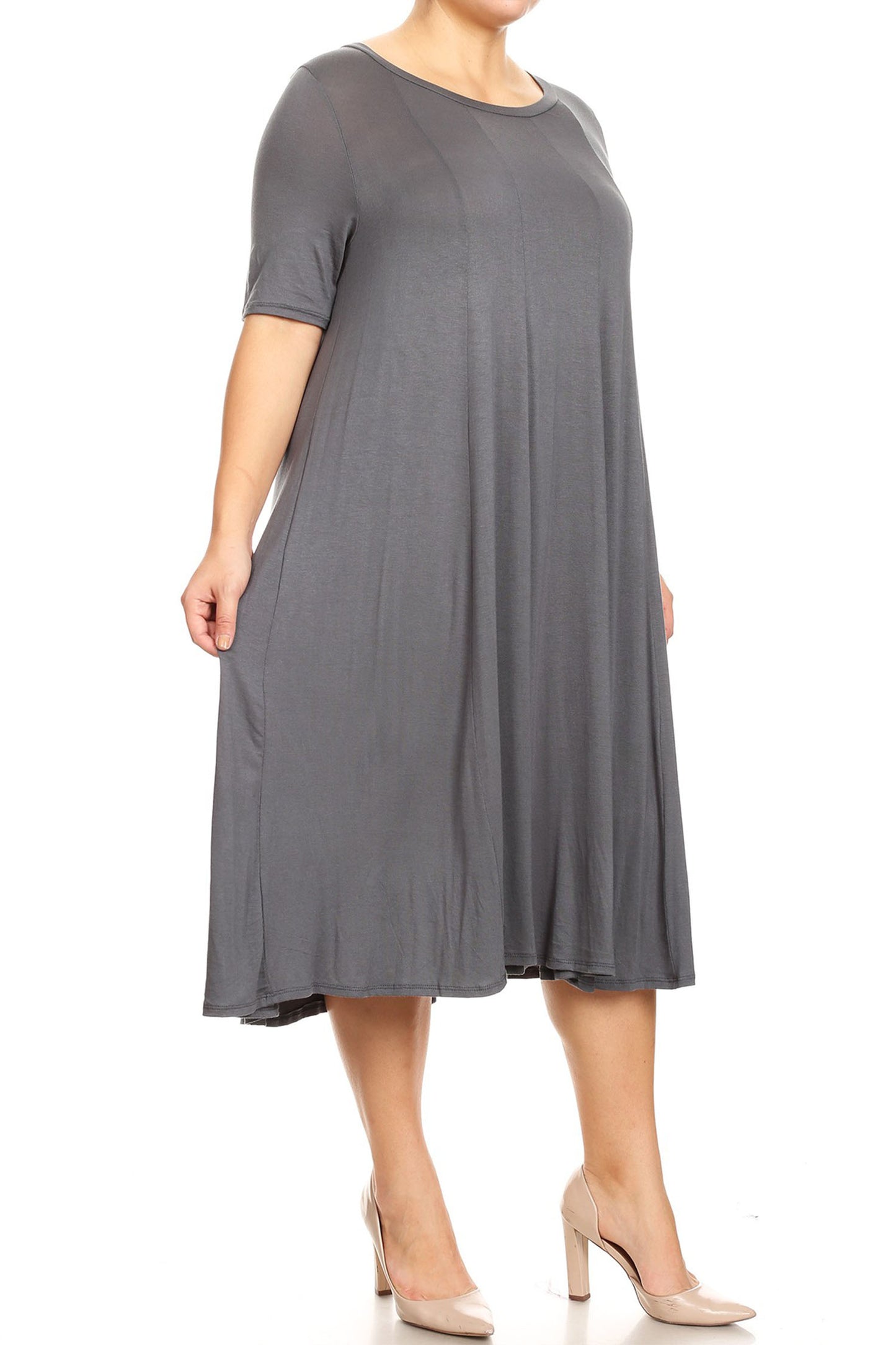 Women's Plus Size Short Sleeves A-Line Round Neck Casual Solid Midi Dress