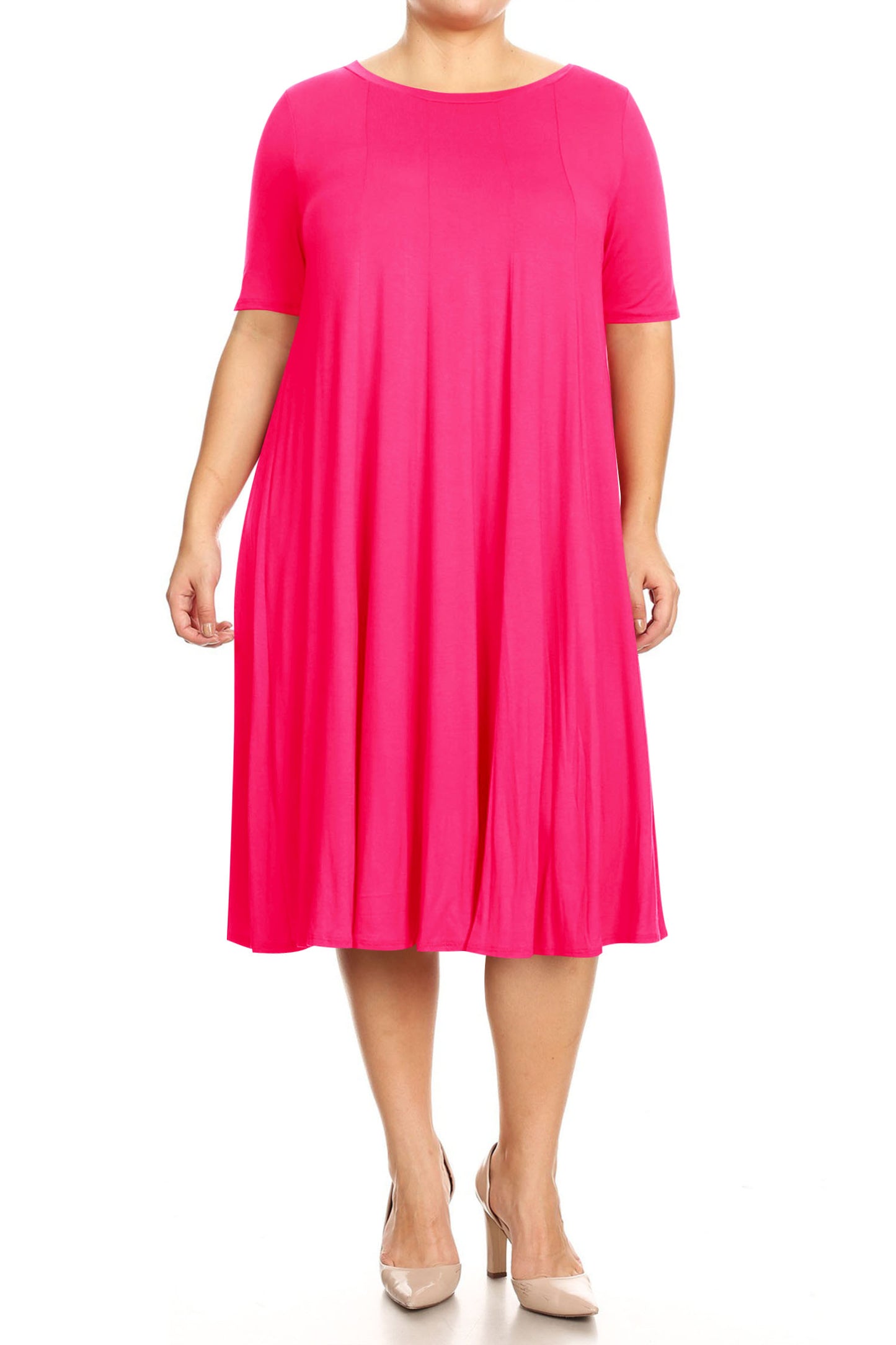 Women's Plus Size Short Sleeves A-Line Round Neck Casual Solid Midi Dress