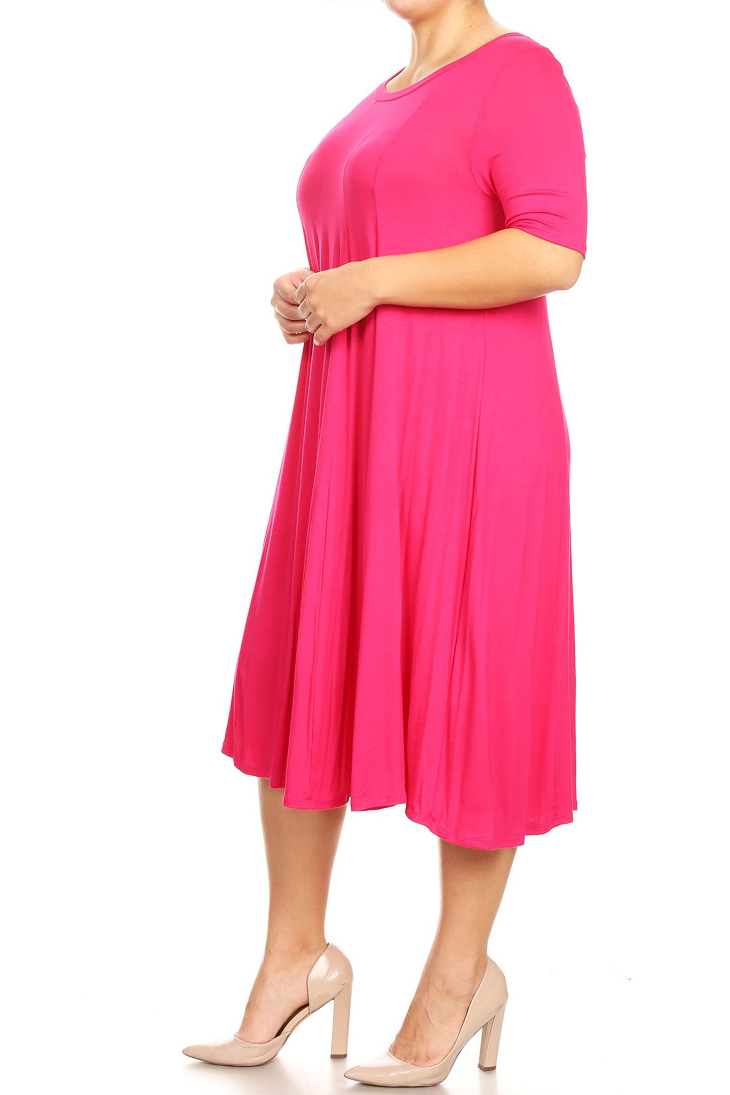 Women's Plus Size Short Sleeves A-Line Round Neck Casual Solid Midi Dress