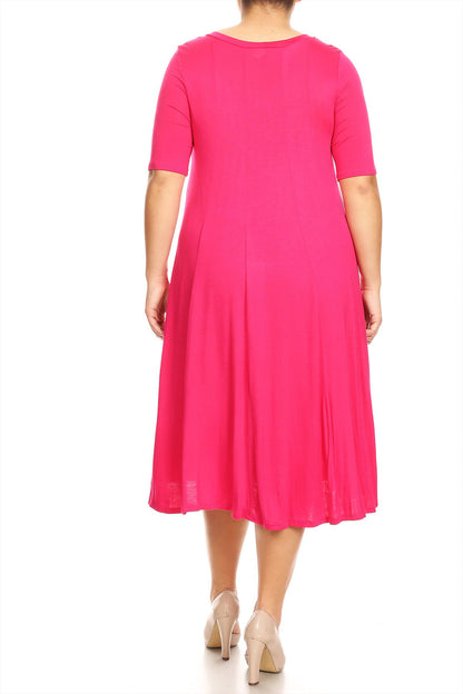 Women's Plus Size Short Sleeves A-Line Round Neck Casual Solid Midi Dress