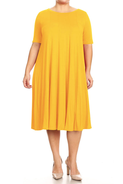 Women's Plus Size Short Sleeves A-Line Round Neck Casual Solid Midi Dress