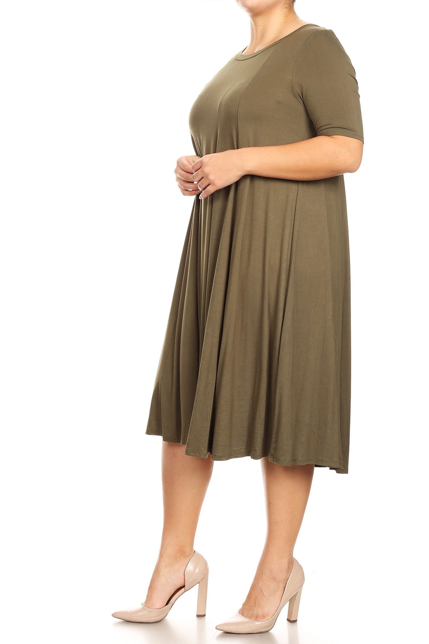 Women's Plus Size Short Sleeves A-Line Round Neck Casual Solid Midi Dress