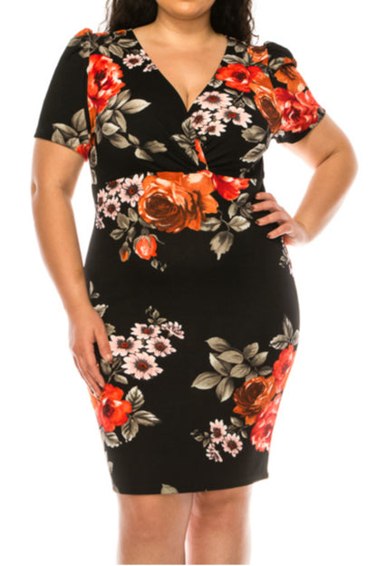 Women's Plus Size Floral Sheath Dress with Deep V-Neckline and Puff Sleeves