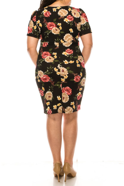 Women's Plus Size Floral Sheath Dress with Deep V-Neckline and Puff Sleeves