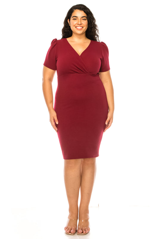 Women's Plus size Solid Sheath Dress with a Deep V-Neckline and Puff Sleeves