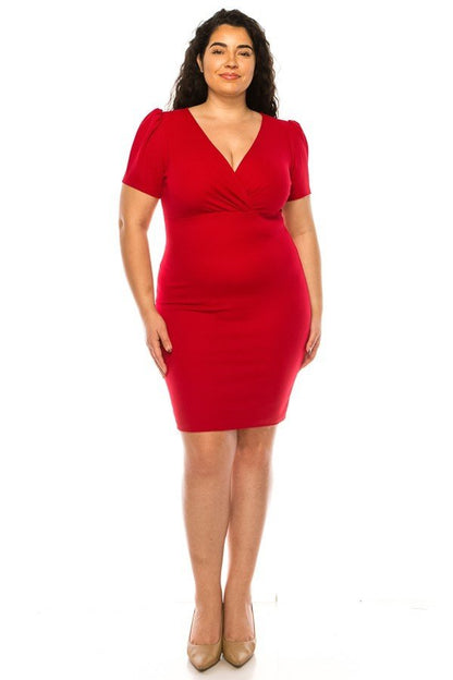 Women's Plus size Solid Sheath Dress with a Deep V-Neckline and Puff Sleeves