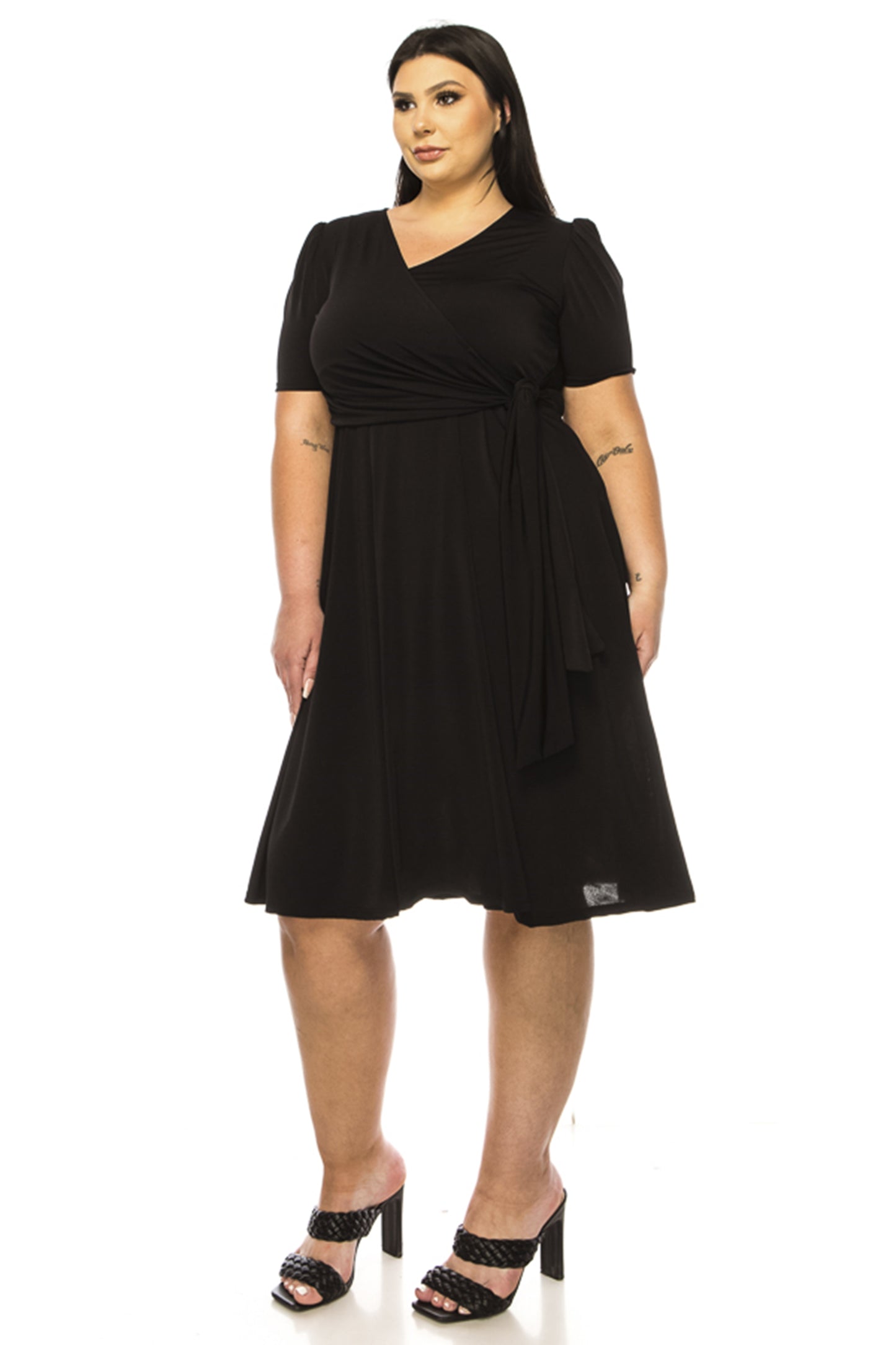 Women's Plus size Stylish Solid Faux Wrap Dress with Deep V-Neck