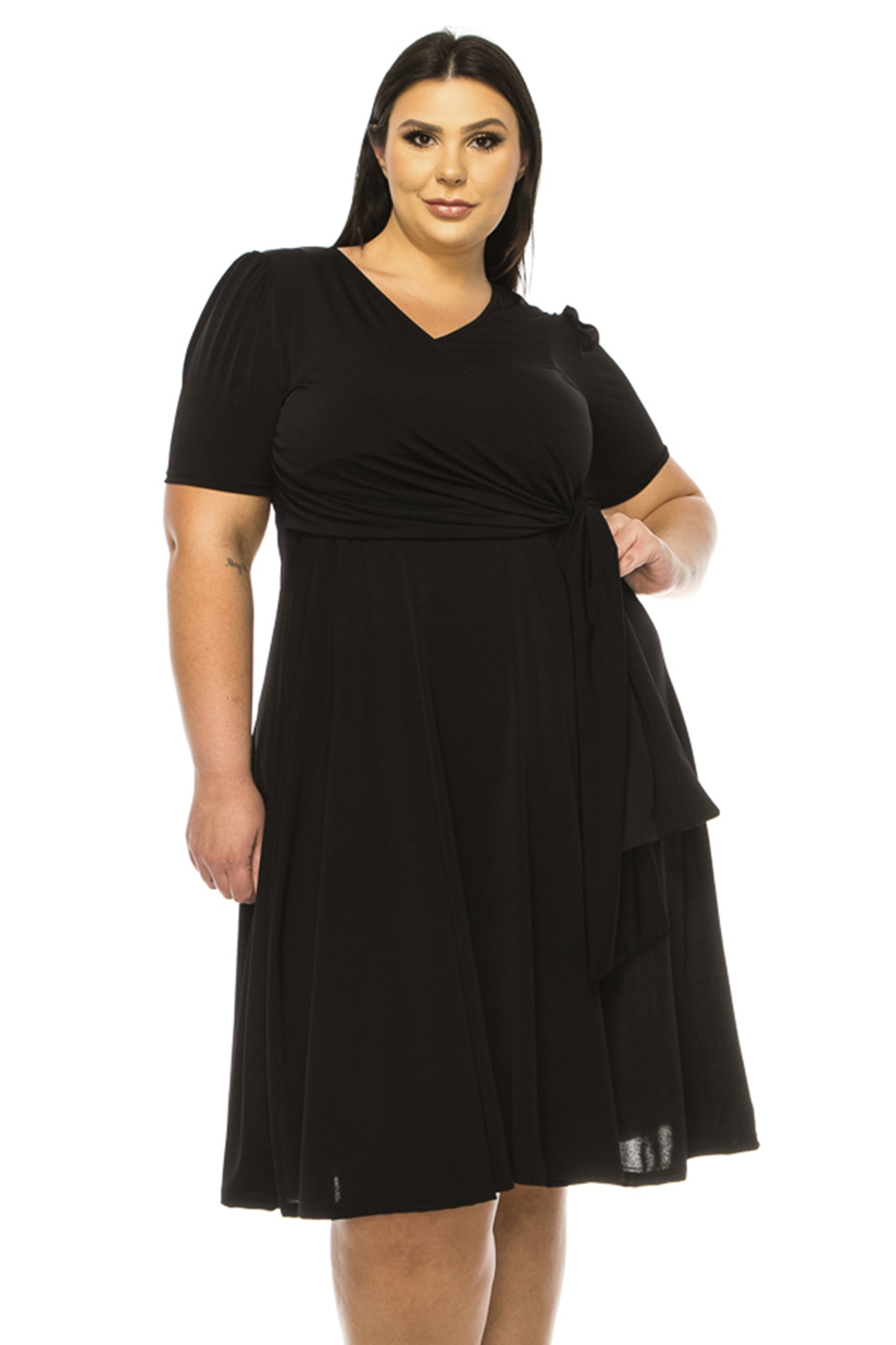 Women's Plus size Stylish Solid Faux Wrap Dress with Deep V-Neck