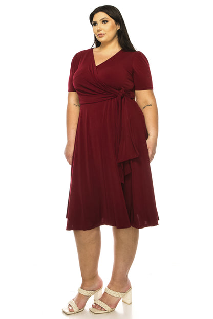 Women's Plus size Stylish Solid Faux Wrap Dress with Deep V-Neck